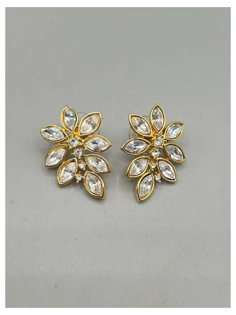 NEW • VTG Monet Marquise Floral Earrings in Goldtone & Clear Crystal Rhinestone